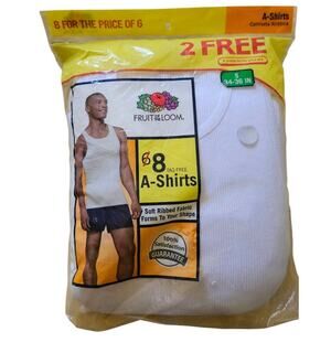 Fruit of the Loom Men's White A-Shirts 8 Pack Size S 34-36 Tag Free Cotton